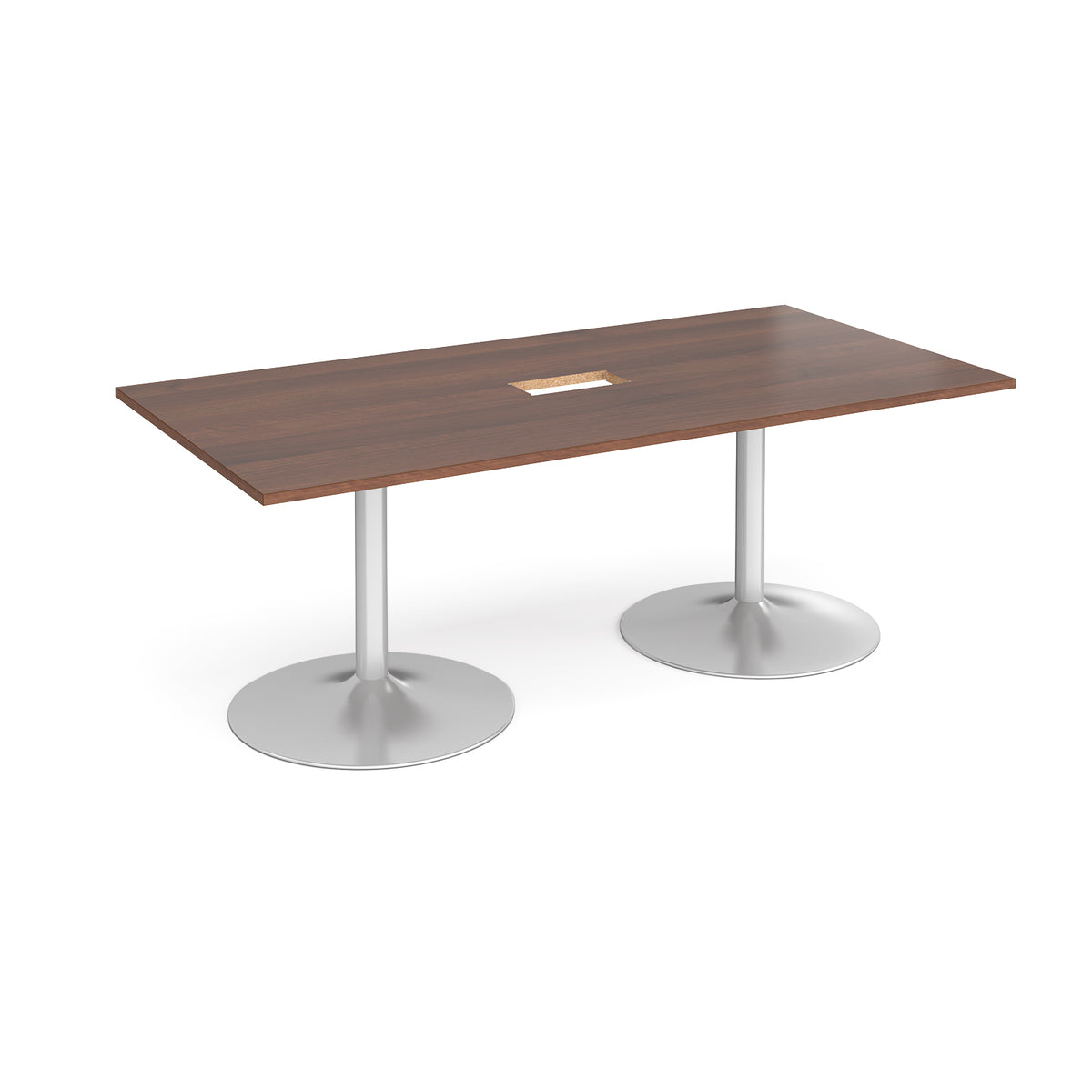 Trumpet base rectangular boardroom table 2000mm x 1000mm with central cutout 272mm x 132mm - silver base, Walnut top - view 1