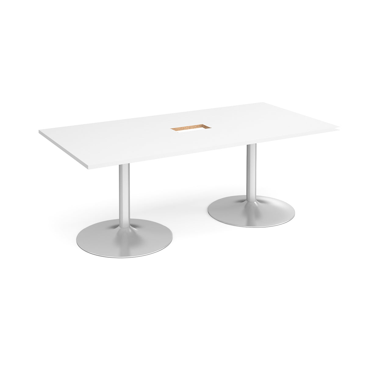 Trumpet base rectangular boardroom table 2000mm x 1000mm with central cutout 272mm x 132mm - silver base, White Top - view 1
