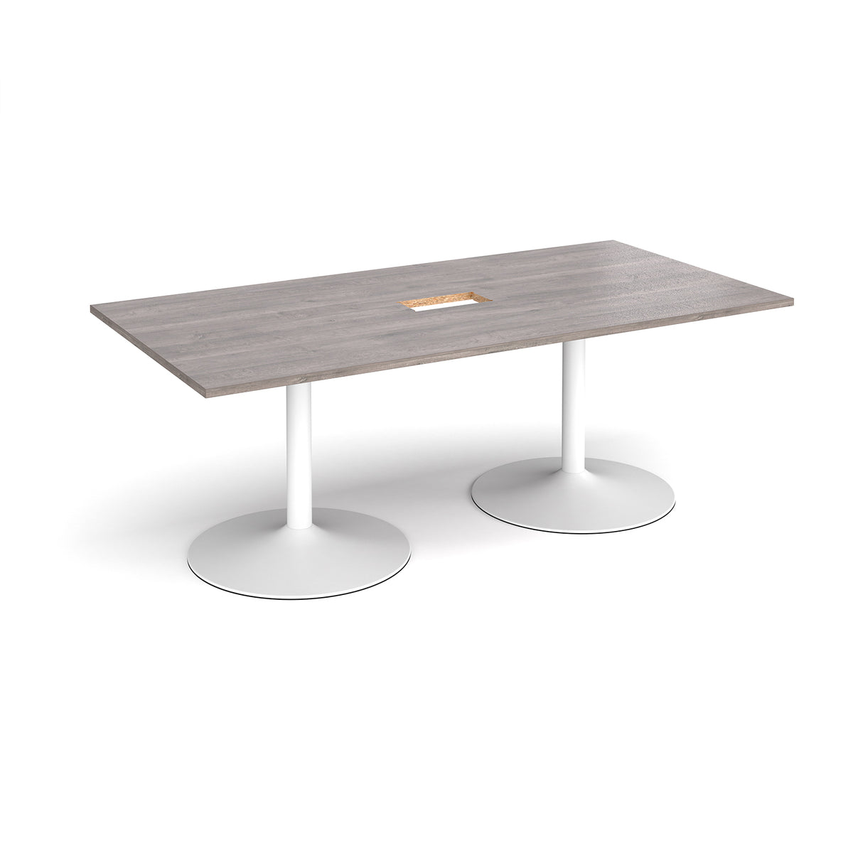 Trumpet base rectangular boardroom table 2000mm x 1000mm with central cutout 272mm x 132mm - white base, Grey Oak Top - view 1