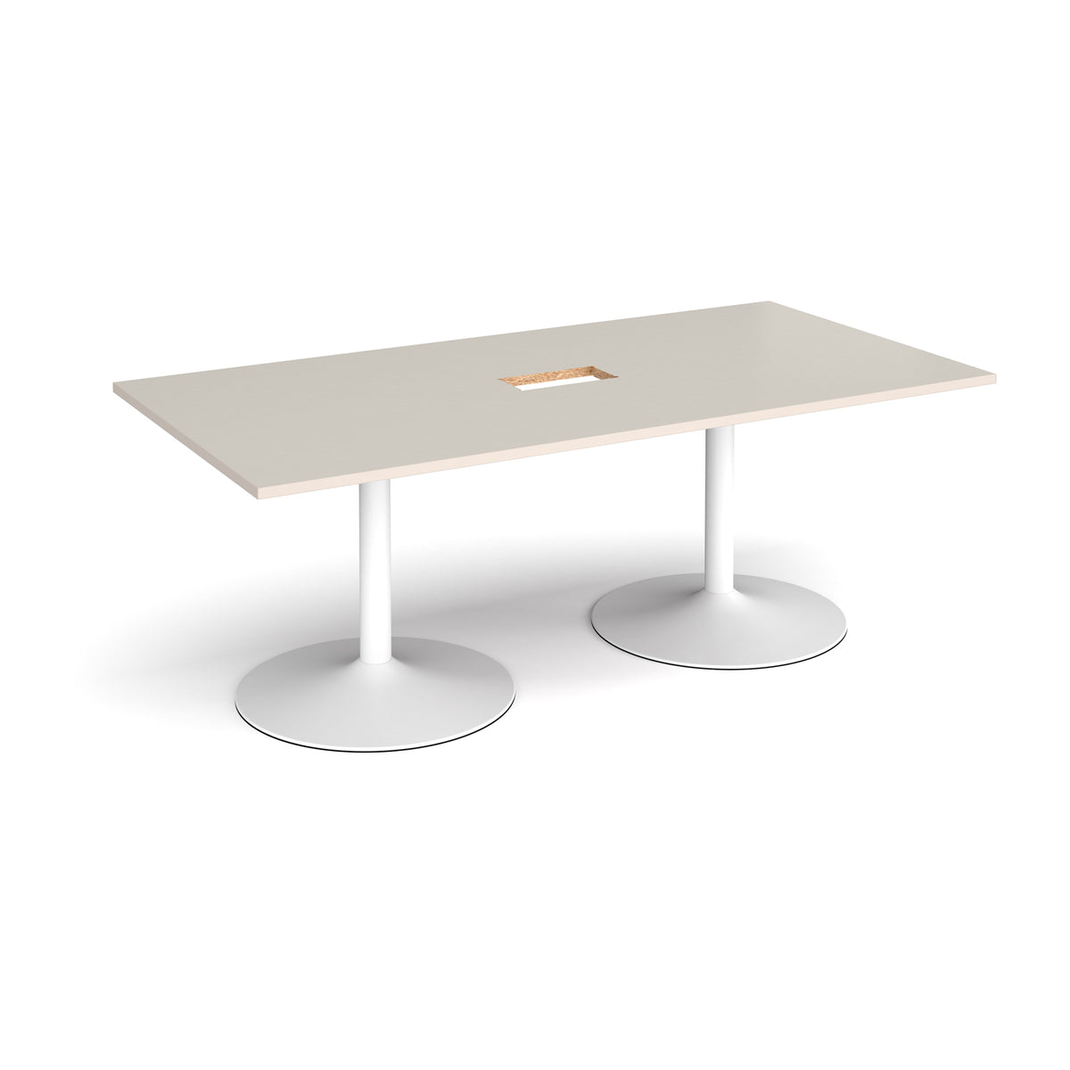Trumpet base rectangular boardroom table 2000mm x 1000mm with central cutout 272mm x 132mm - white base, light grey top - view 1