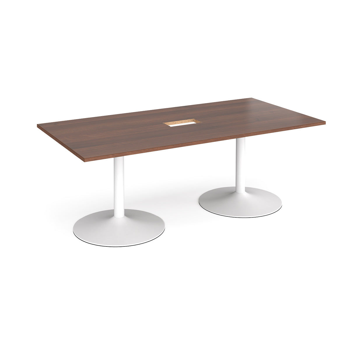 Trumpet base rectangular boardroom table 2000mm x 1000mm with central cutout 272mm x 132mm - white base, Walnut top - view 1