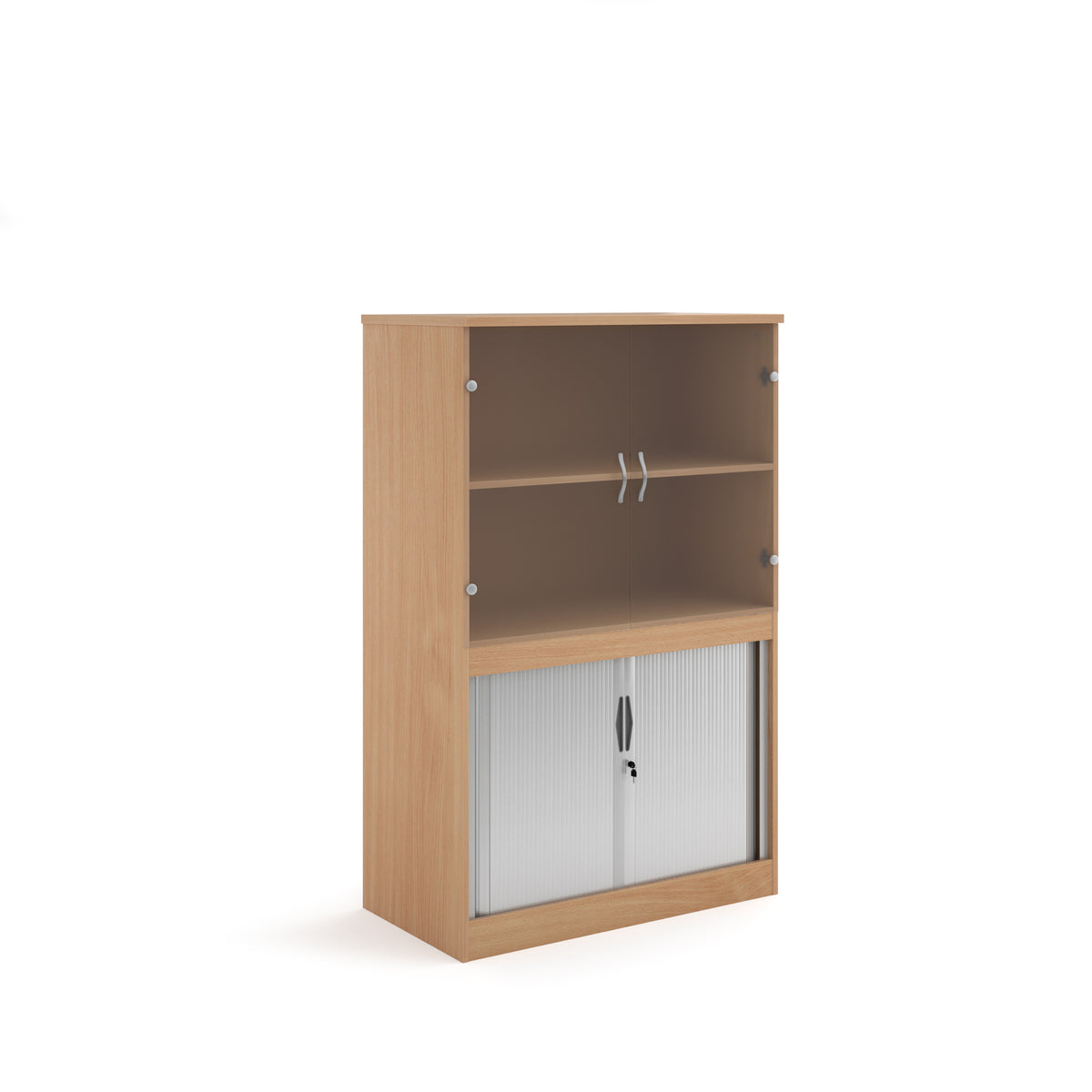 Systems combination unit with tambour doors and glass upper doors 1600mm high with 2 shelves - Beech - view 1
