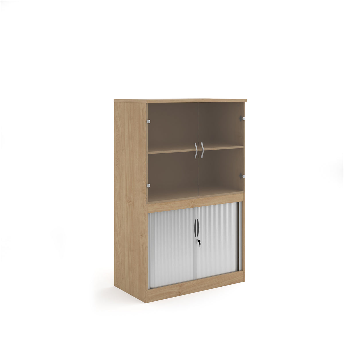 Systems combination unit with tambour doors and glass upper doors 1600mm high with 2 shelves - Kendal Oak - view 1
