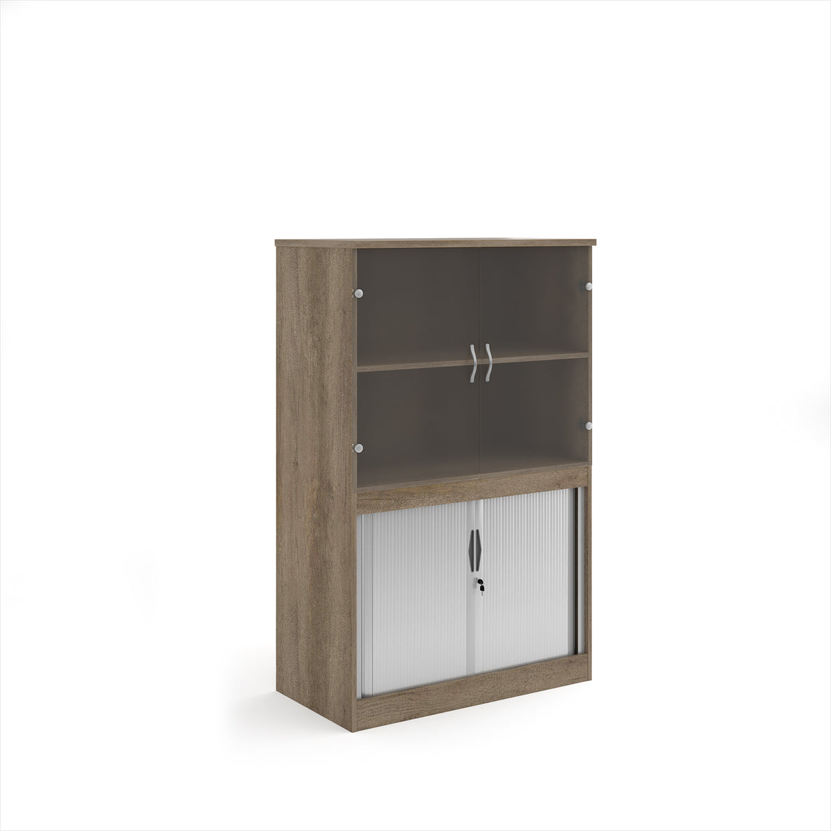 Systems combination unit with tambour doors and glass upper doors 1600mm high with 2 shelves - Nebraska Oak - view 1