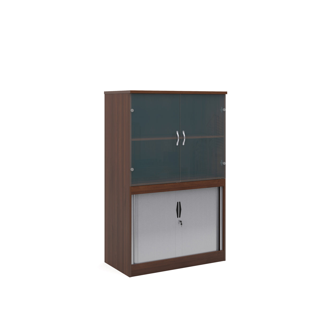 Systems combination unit with tambour doors and glass upper doors 1600mm high with 2 shelves - Walnut - view 1