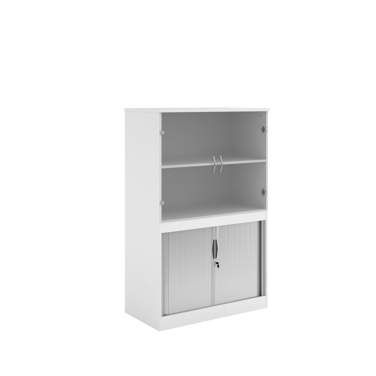 Systems combination unit with tambour doors and glass upper doors 1600mm high with 2 shelves - white - view 1