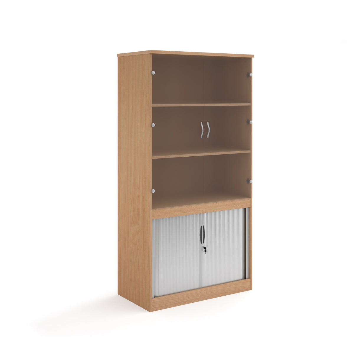 Systems combination unit with tambour doors and glass upper doors 2000mm high with 2 shelves - Beech - view 1