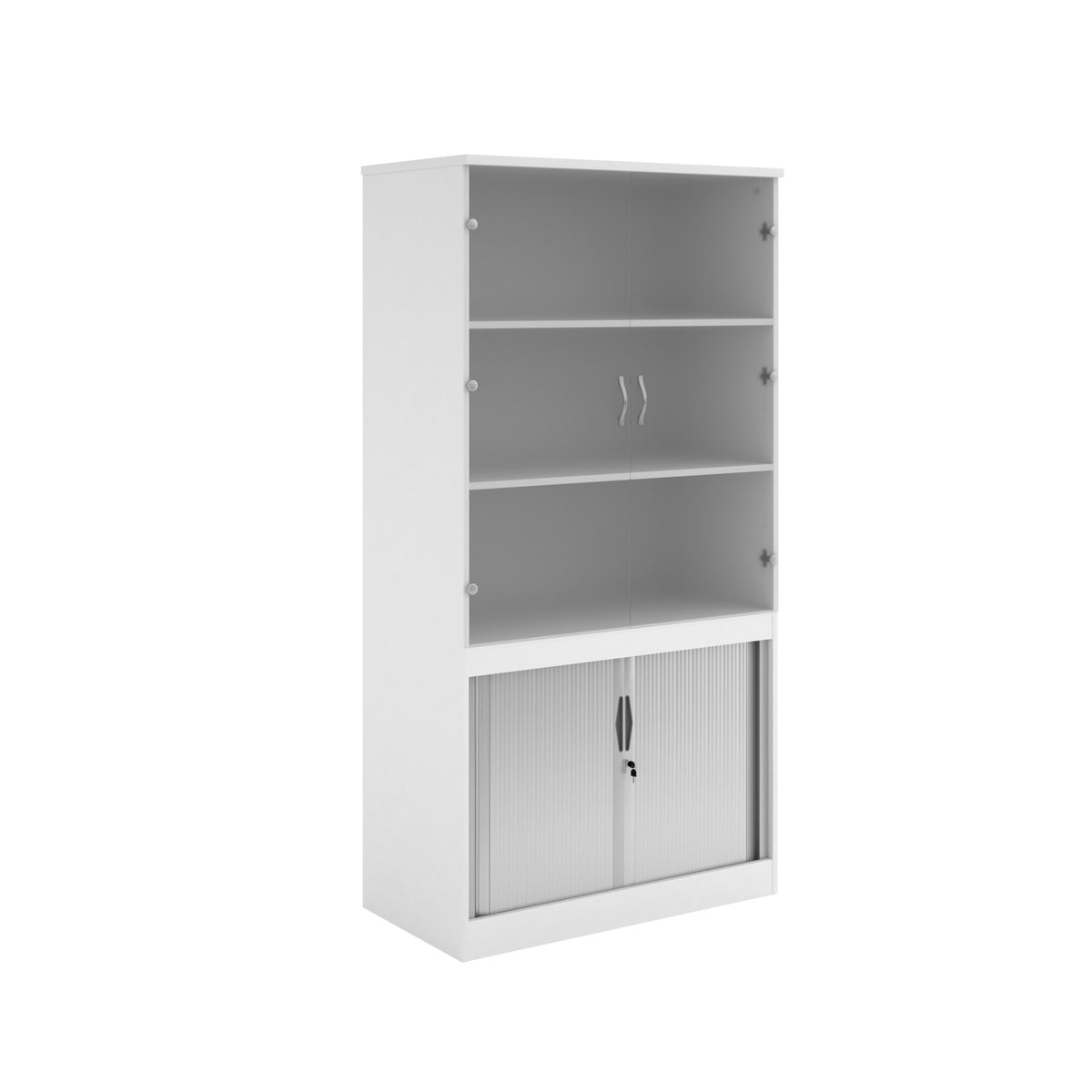 Systems combination unit with tambour doors and glass upper doors 2000mm high with 2 shelves - white - view 1