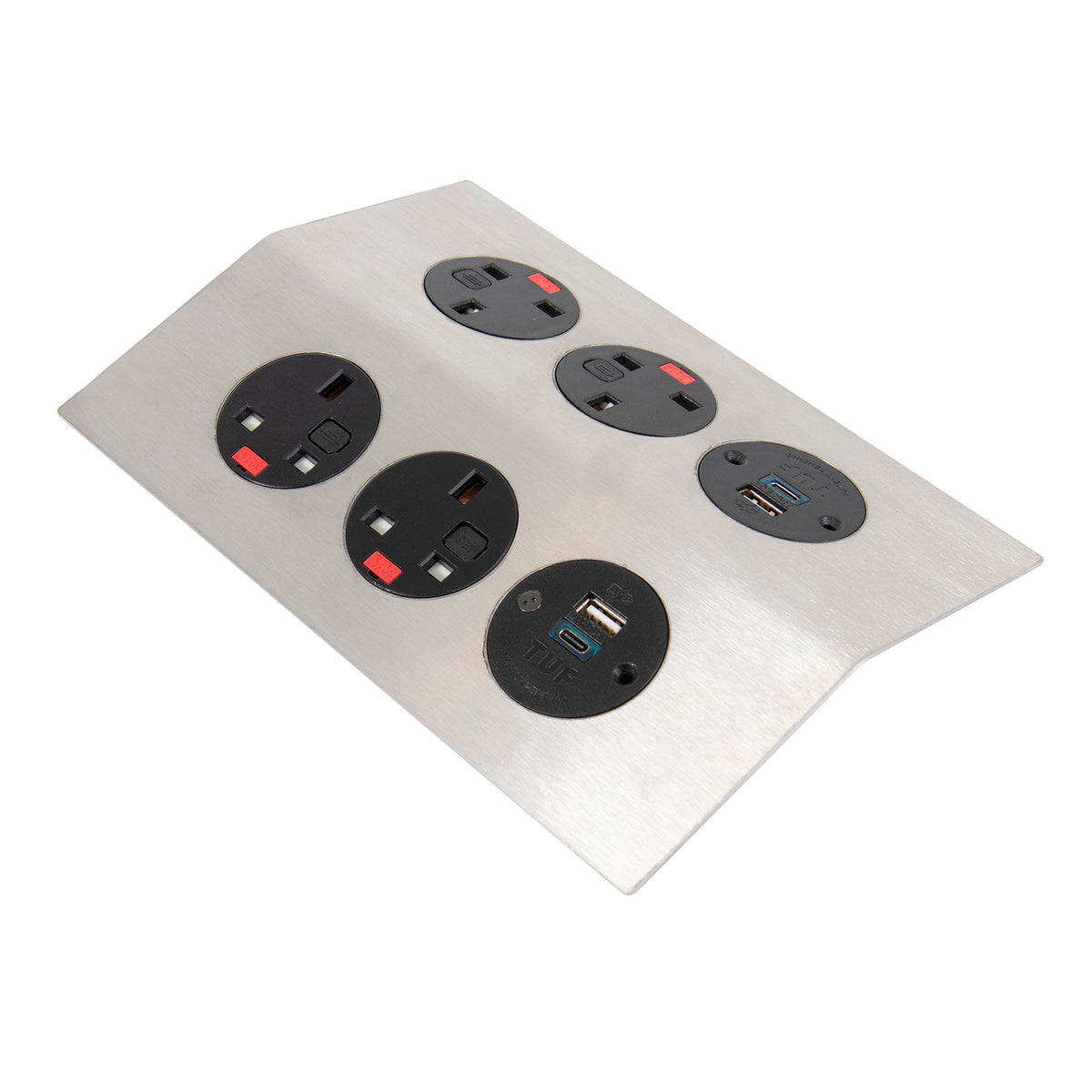 Tholus in-table power module 4 x UK sockets, 2 x TUF (A&C connectors) USB charger - brushed steel/black - view 1