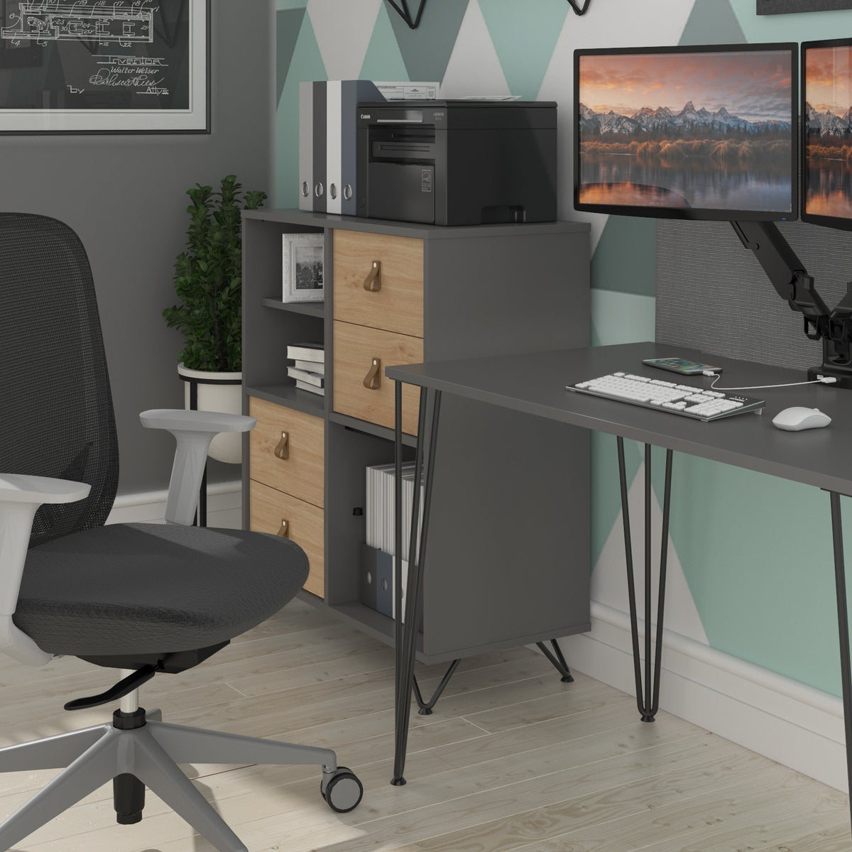 Tikal cube storage unit 1370mm high with 6 open boxes and black hairpin legs - oak - view 4