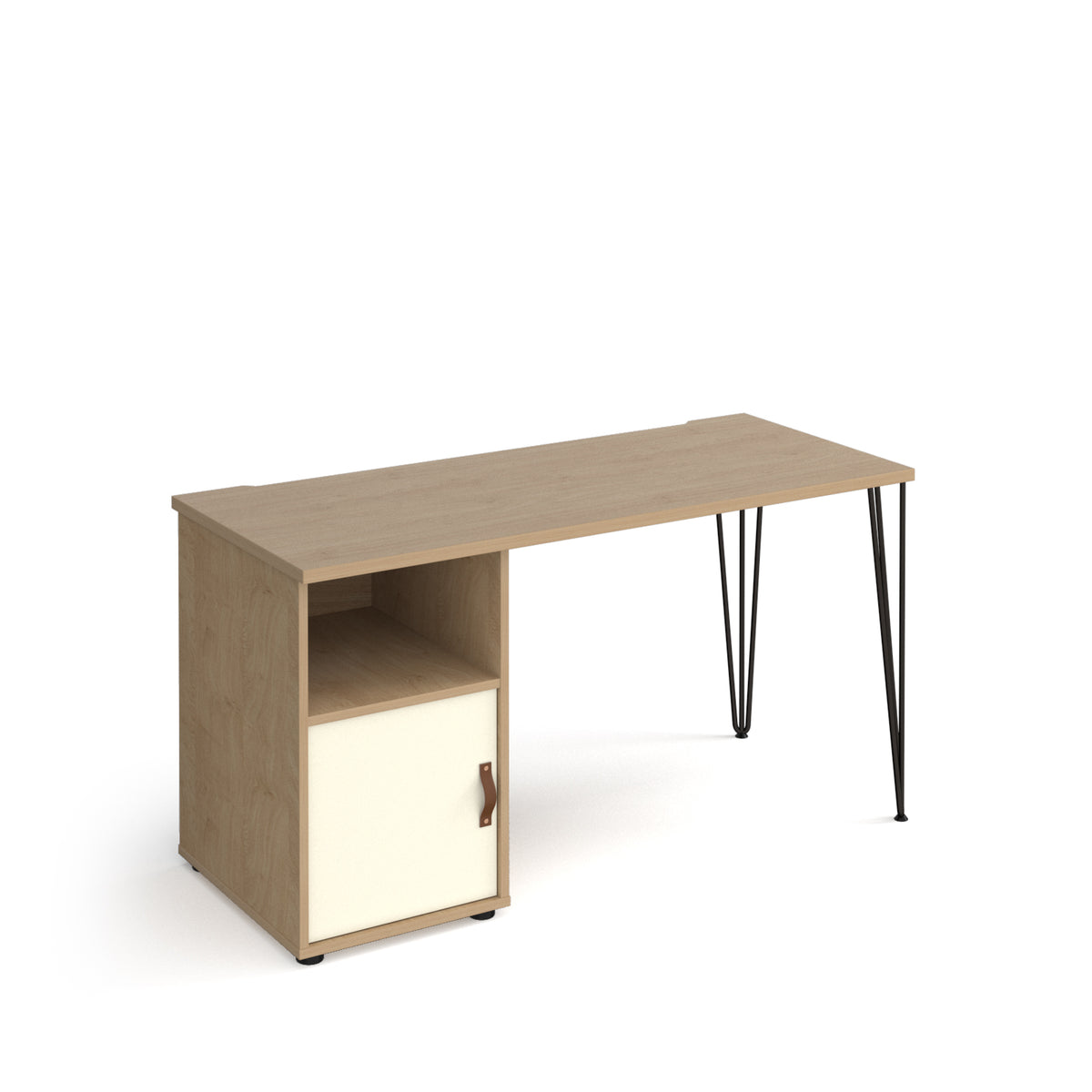 Tikal straight desk 1400mm x 600mm with hairpin leg and support pedestal with cupboard door - black legs, oak finish with white door - view 1