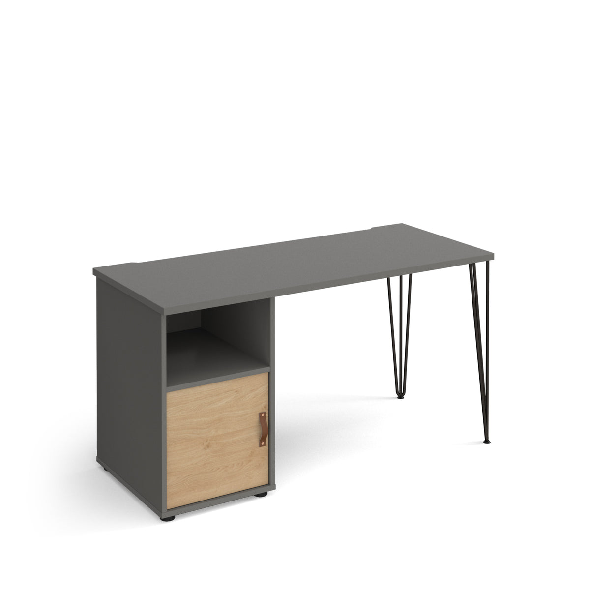 Tikal straight desk 1400mm x 600mm with hairpin leg and support pedestal with cupboard door - black legs, grey finish with oak door - view 1
