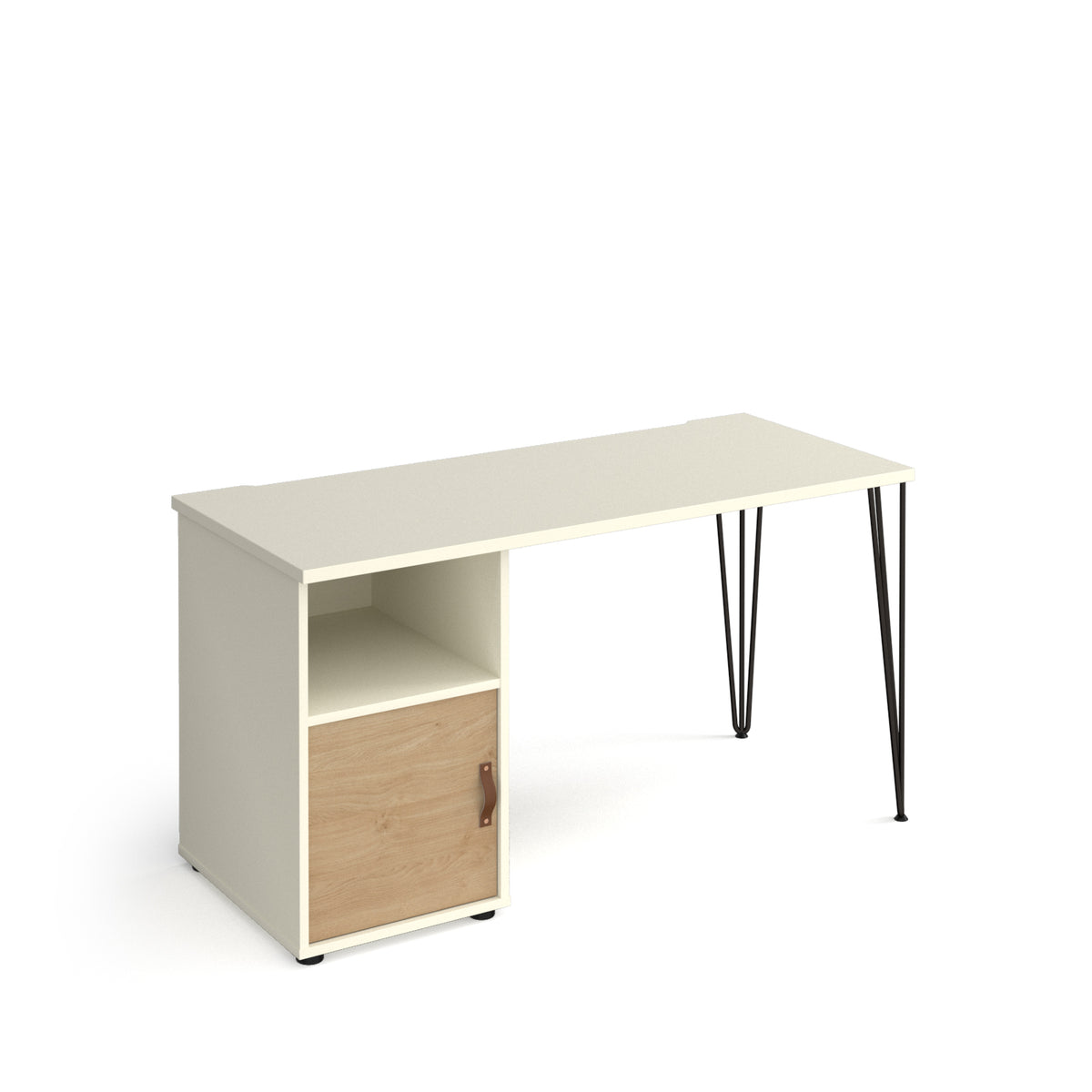 Tikal straight desk 1400mm x 600mm with hairpin leg and support pedestal with cupboard door - black legs, white finish with oak door - view 1