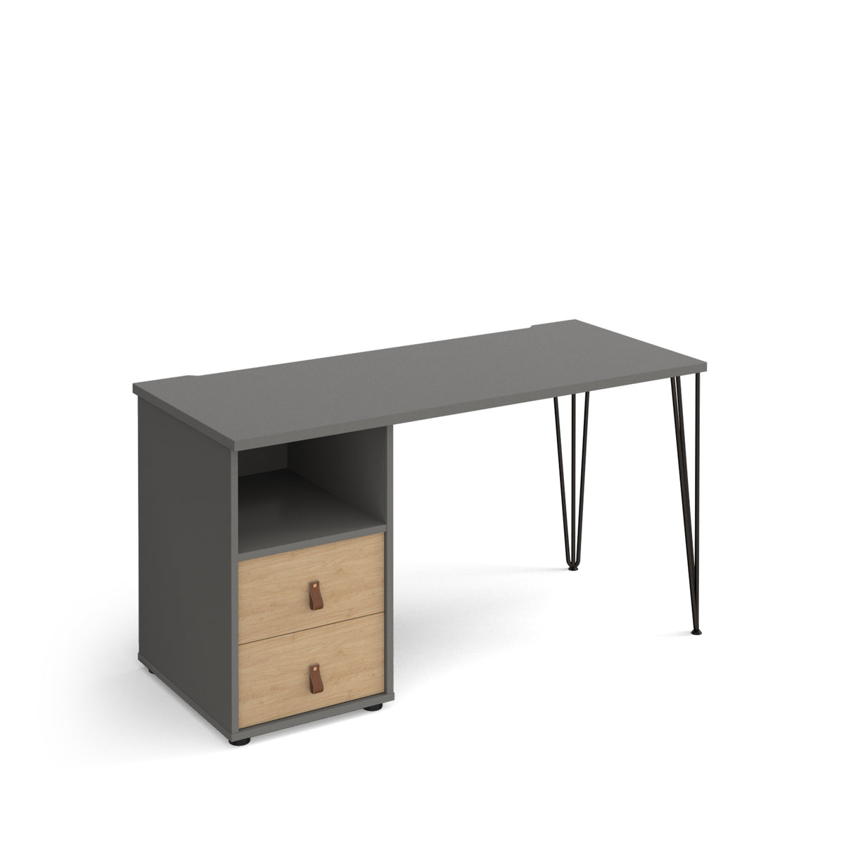 Tikal straight desk 1400mm x 600mm with hairpin leg and support pedestal with drawers - black legs, grey finish with oak drawers - view 1