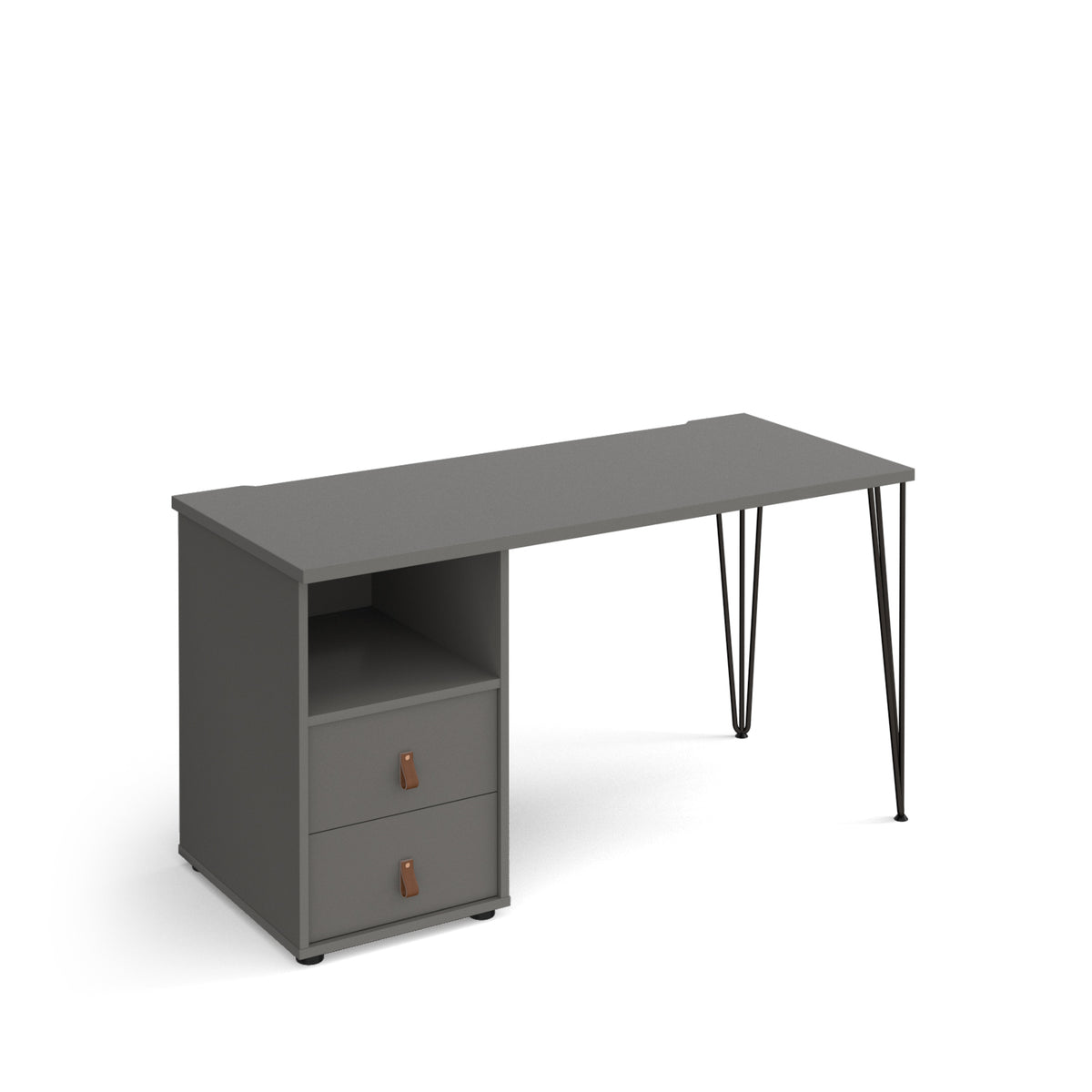 Tikal straight desk 1400mm x 600mm with hairpin leg and support pedestal with drawers - black legs, grey finish with grey drawers - view 1