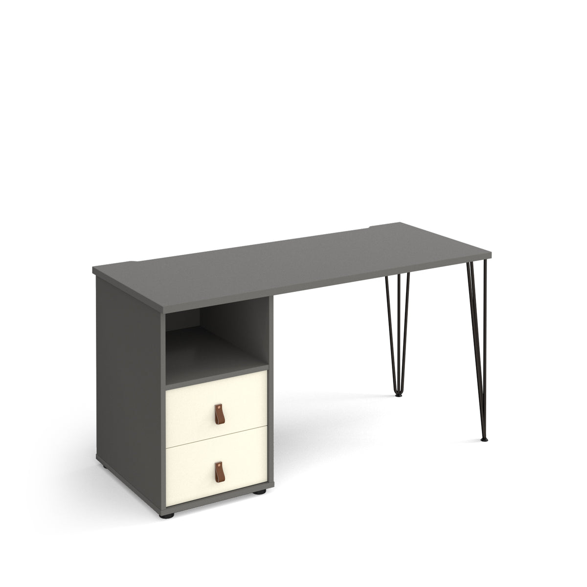 Tikal straight desk 1400mm x 600mm with hairpin leg and support pedestal with drawers - black legs, grey finish with white drawers - view 1
