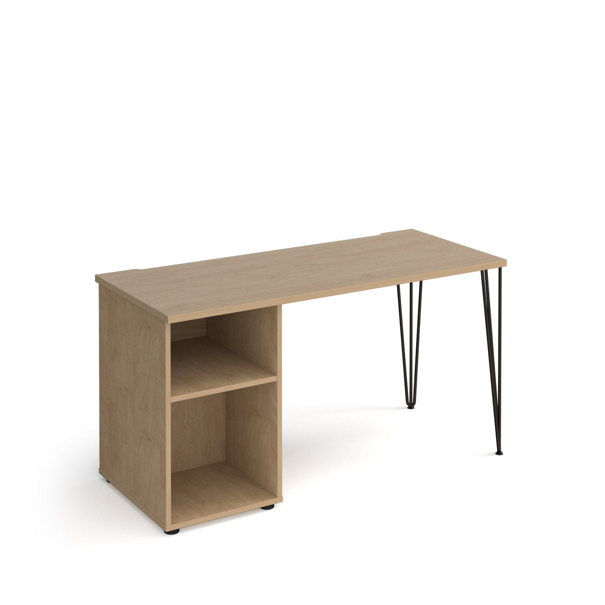 Tikal straight desk 1400mm x 600mm with hairpin leg and support pedestal - black legs, Oak Top - view 1