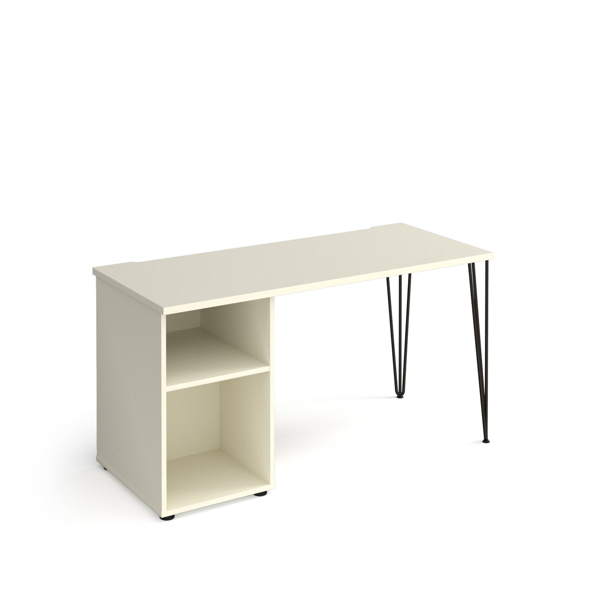 Tikal straight desk 1400mm x 600mm with hairpin leg and support pedestal - black legs, White Top - view 1