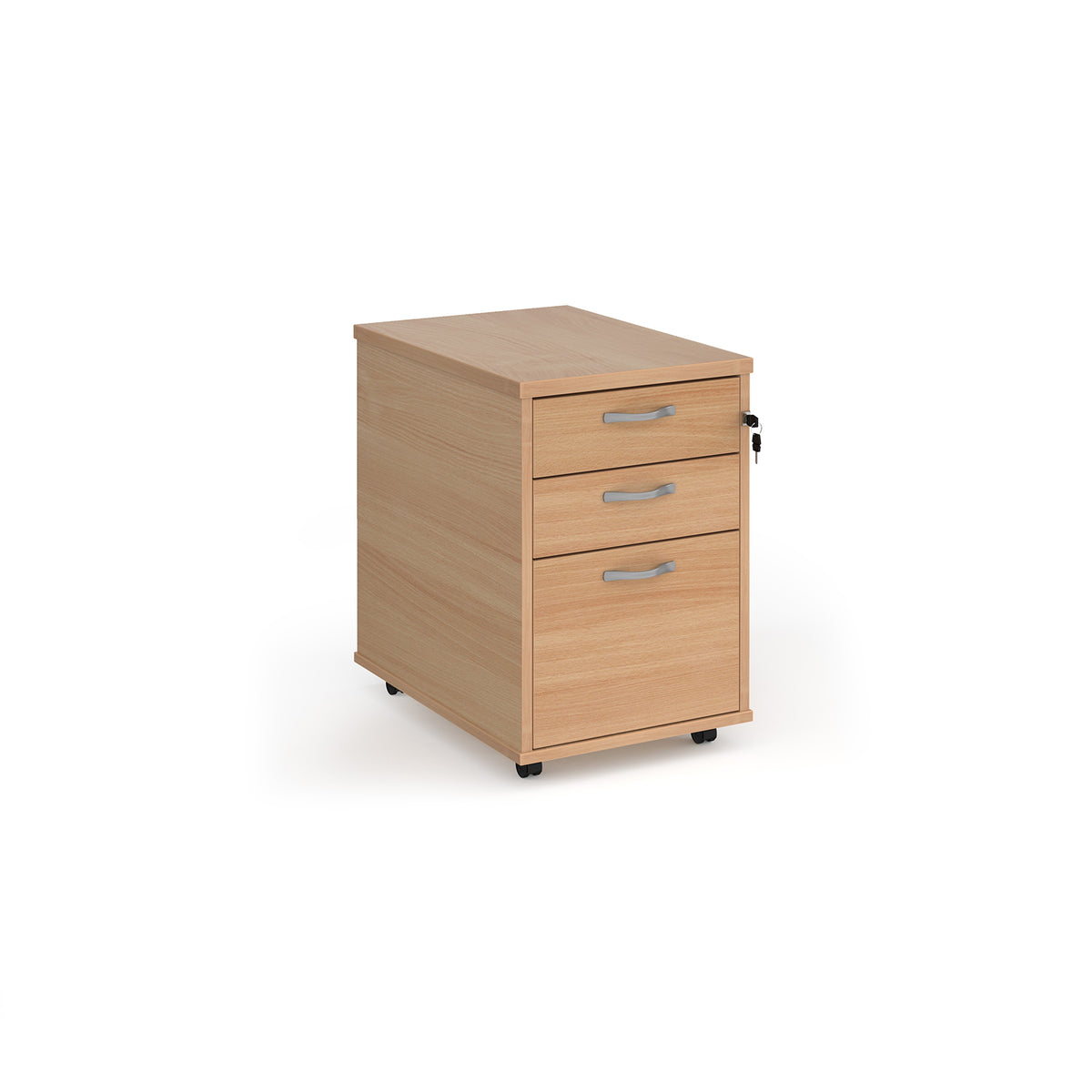 Tall mobile 3 drawer pedestal with silver handles 600mm deep - Beech - view 1