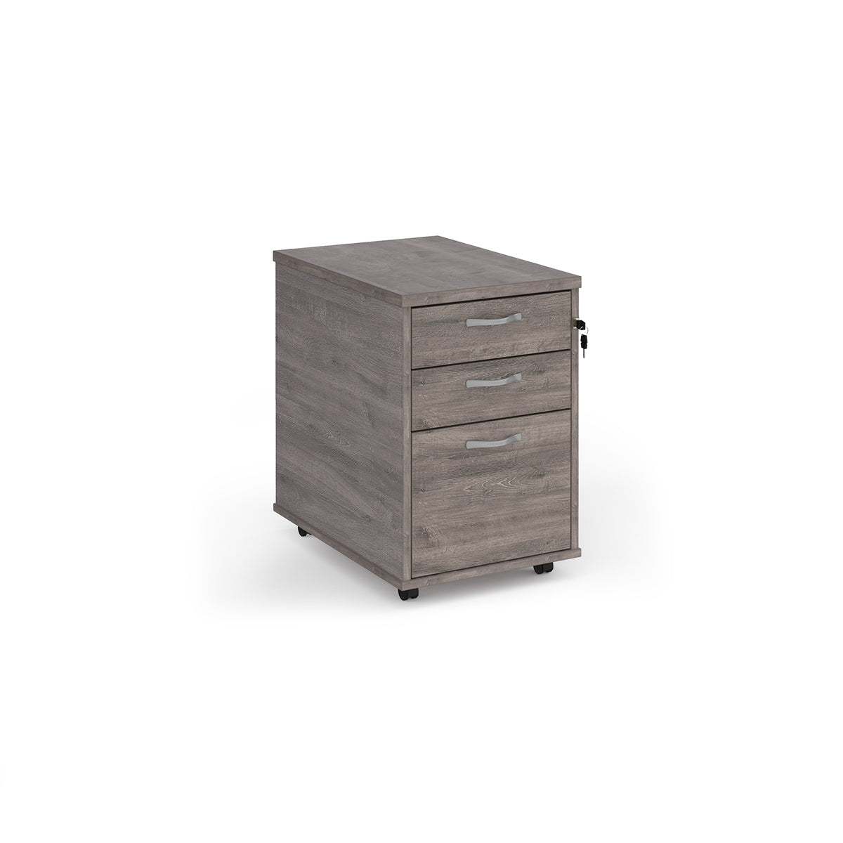 Tall mobile 3 drawer pedestal with silver handles 600mm deep - Grey Oak - view 1