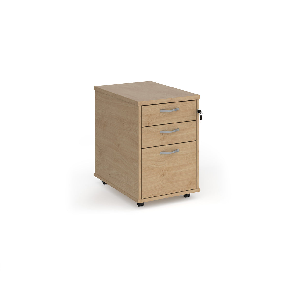 Tall mobile 3 drawer pedestal with silver handles 600mm deep - Kendal Oak - view 1