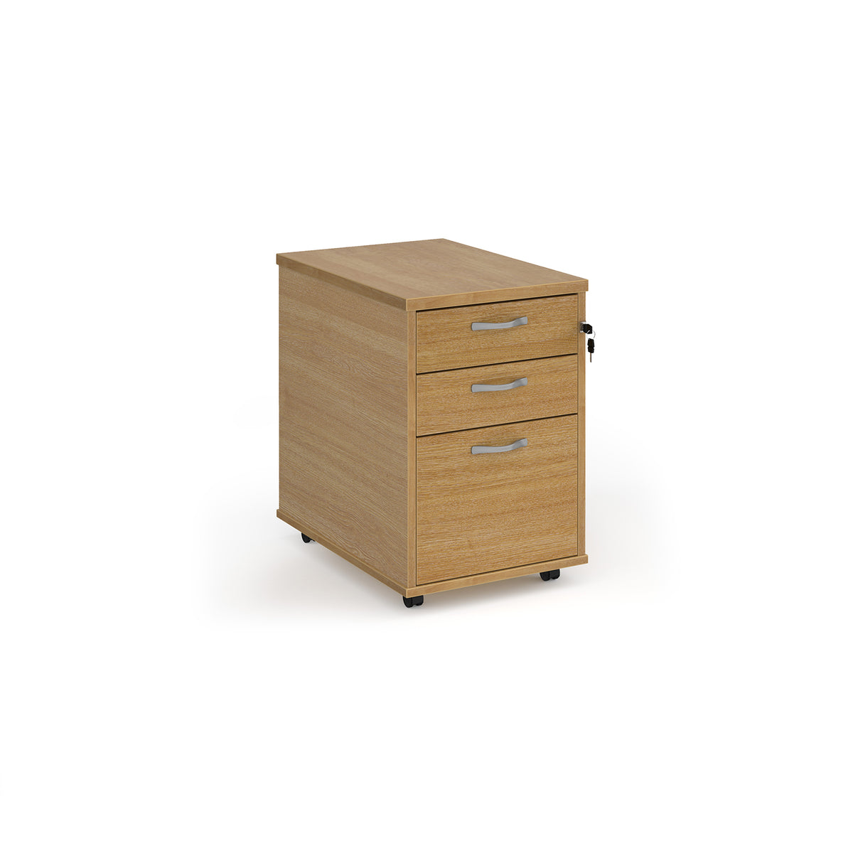 Tall mobile 3 drawer pedestal with silver handles 600mm deep - oak - view 1