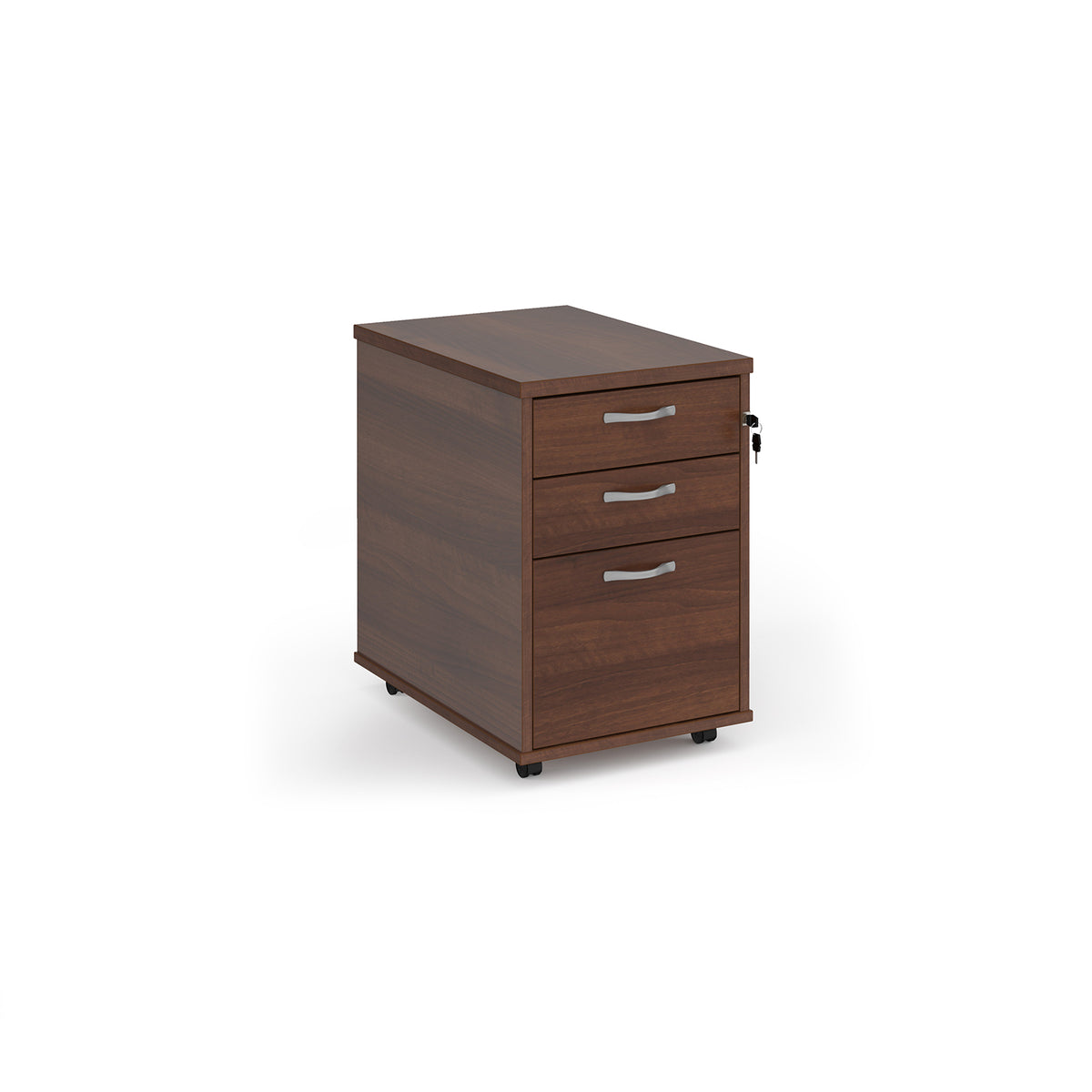 Tall mobile 3 drawer pedestal with silver handles 600mm deep - Walnut - view 1