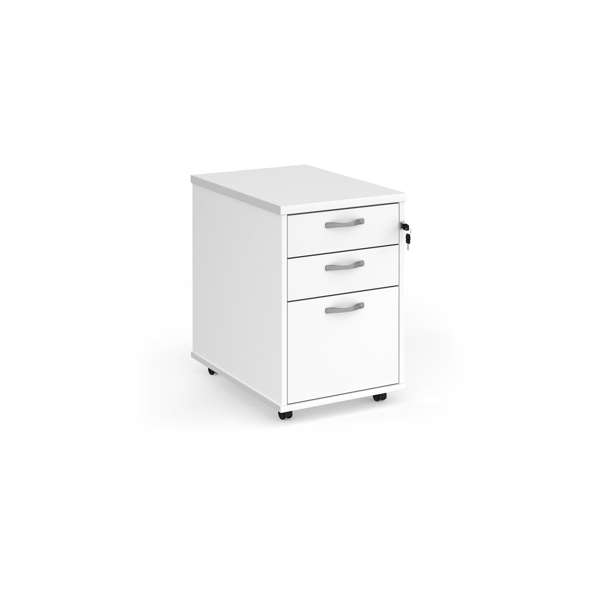 Tall mobile 3 drawer pedestal with silver handles 600mm deep - white - view 1