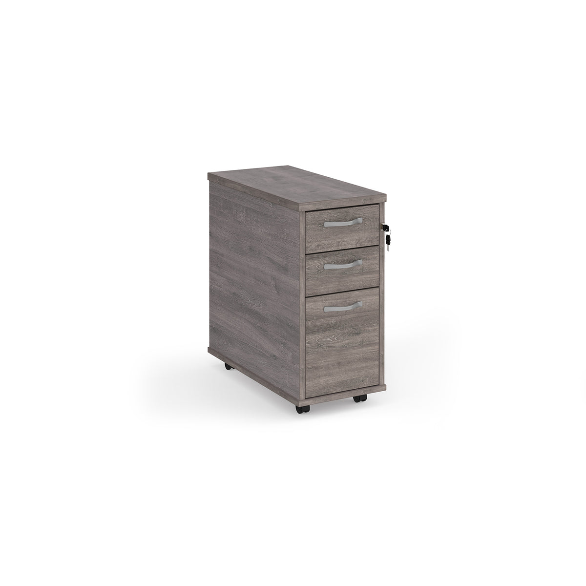 Tall slimline mobile 3 drawer pedestal with silver handles 600mm deep - Grey Oak - view 1