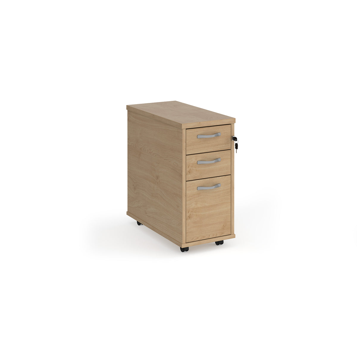 Tall slimline mobile 3 drawer pedestal with silver handles 600mm deep - Kendal Oak - view 1