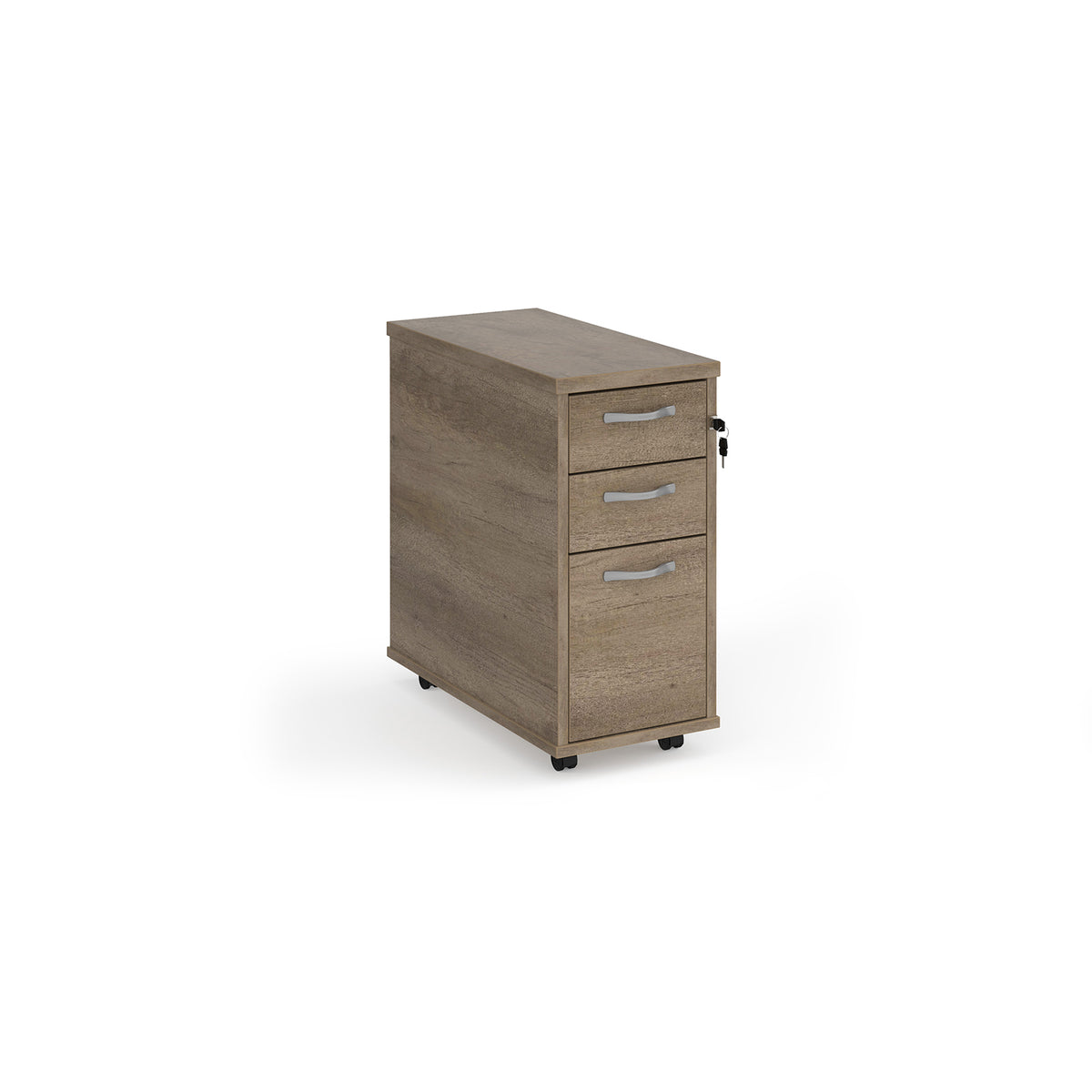 Tall slimline mobile 3 drawer pedestal with silver handles 600mm deep - Nebraska Oak - view 1