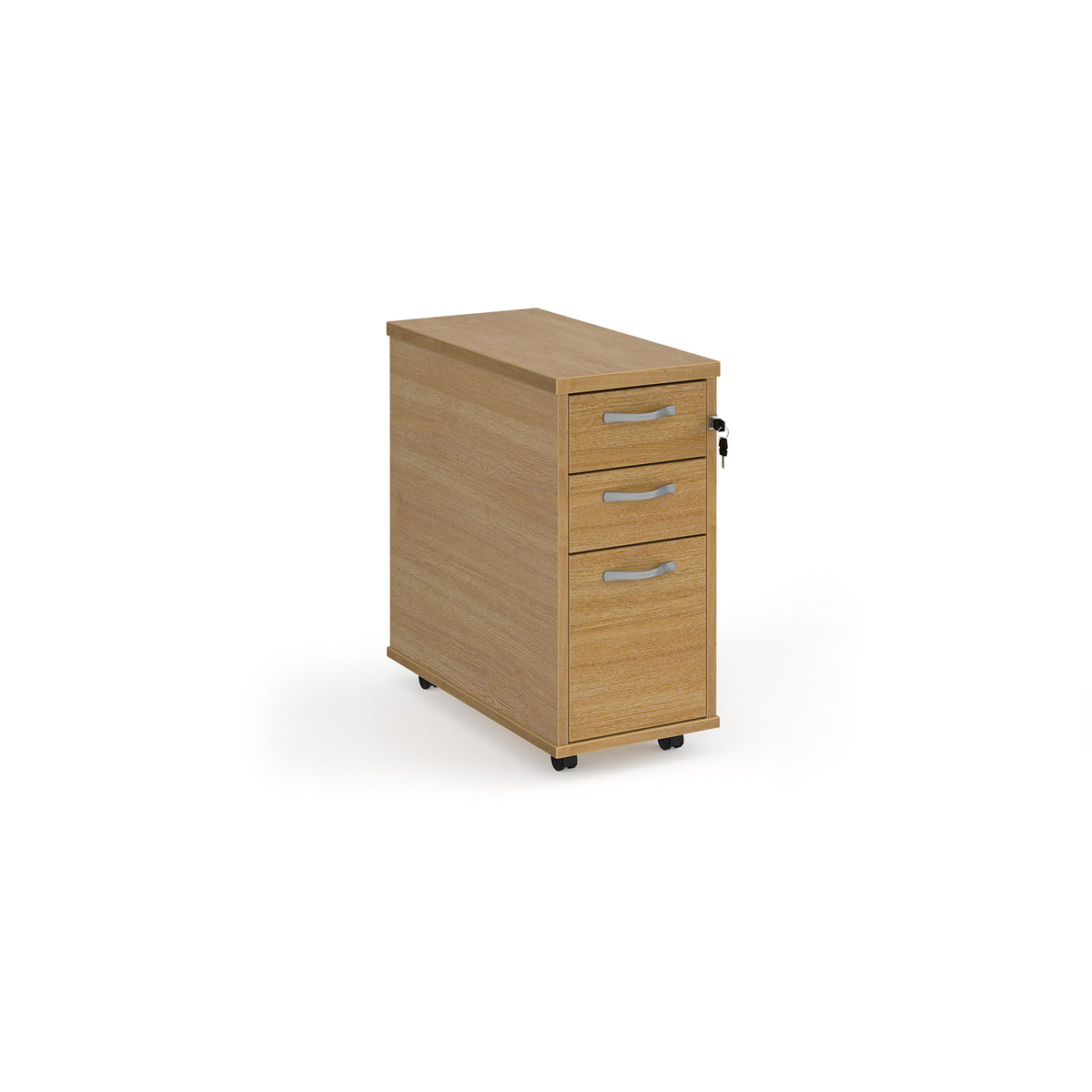 Tall slimline mobile 3 drawer pedestal with silver handles 600mm deep - oak - view 1