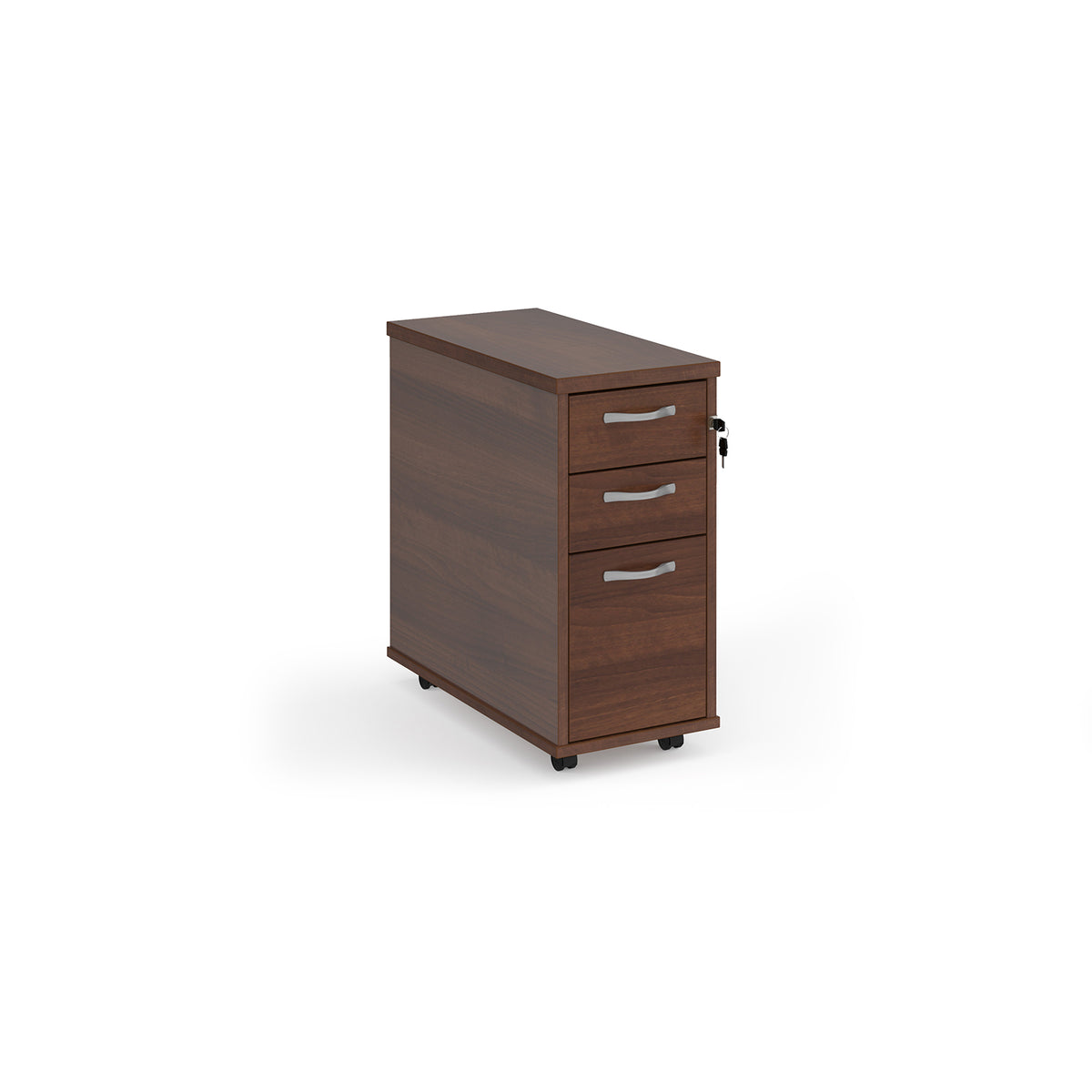 Tall slimline mobile 3 drawer pedestal with silver handles 600mm deep - Walnut - view 1