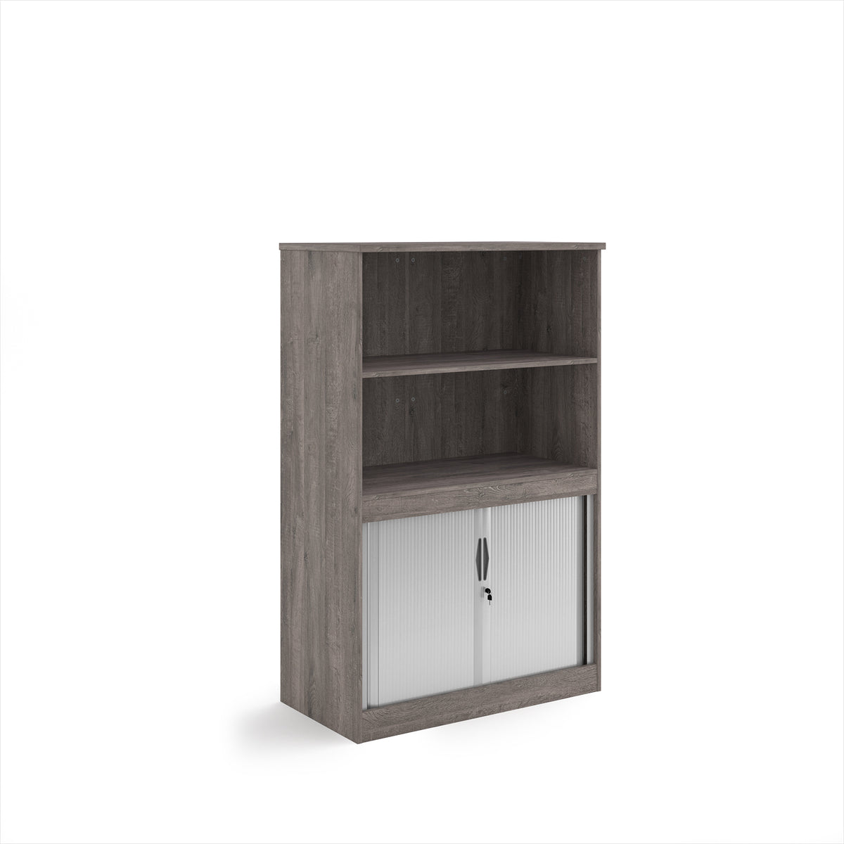 Systems combination unit with tambour doors and open top 1600mm high with 2 shelves - Grey Oak - view 1