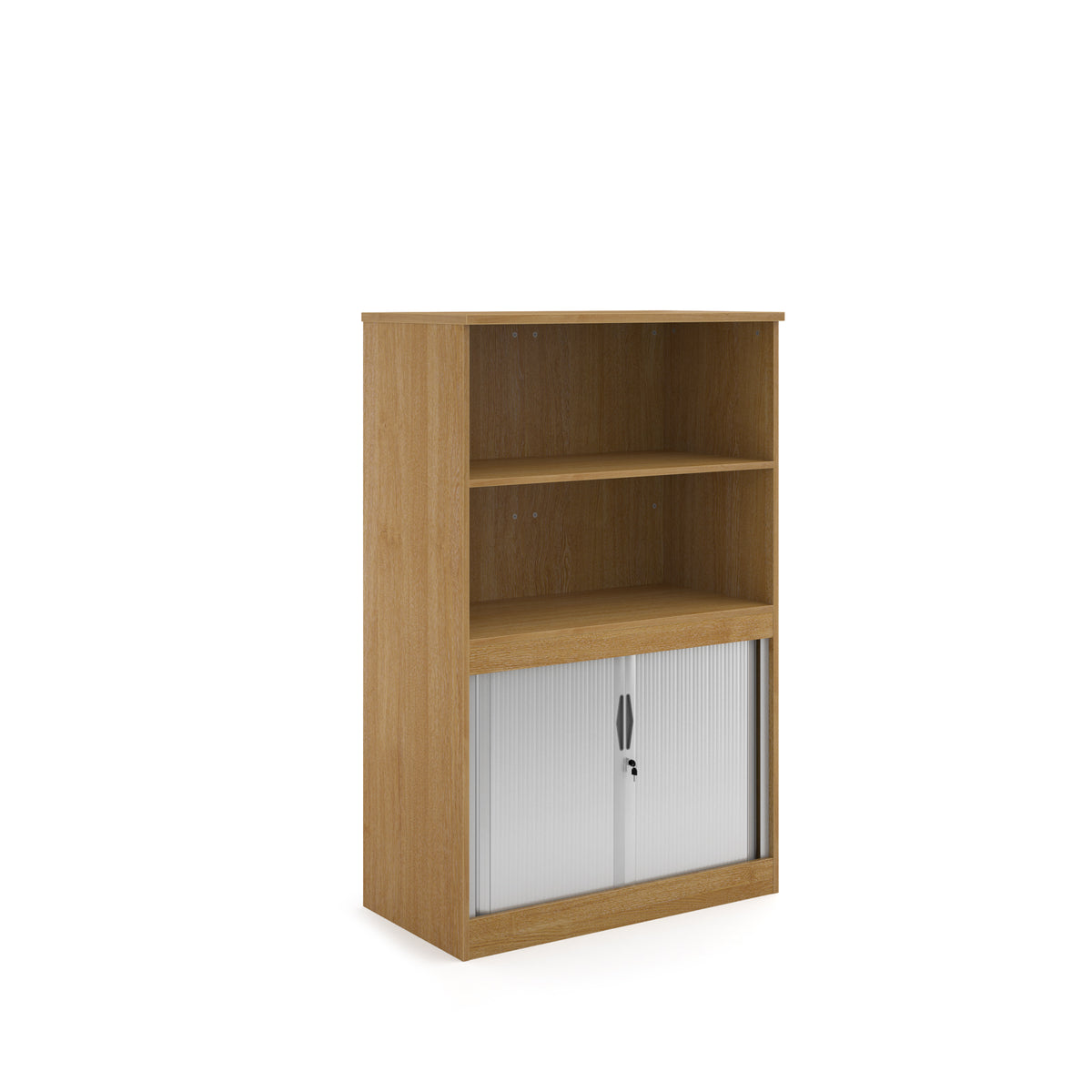 Systems combination unit with tambour doors and open top 1600mm high with 2 shelves - oak - view 1