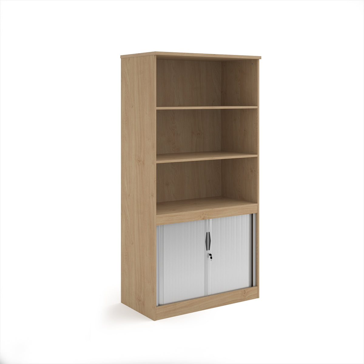 Systems combination unit with tambour doors and open top 2000mm high with 2 shelves - Kendal Oak - view 1