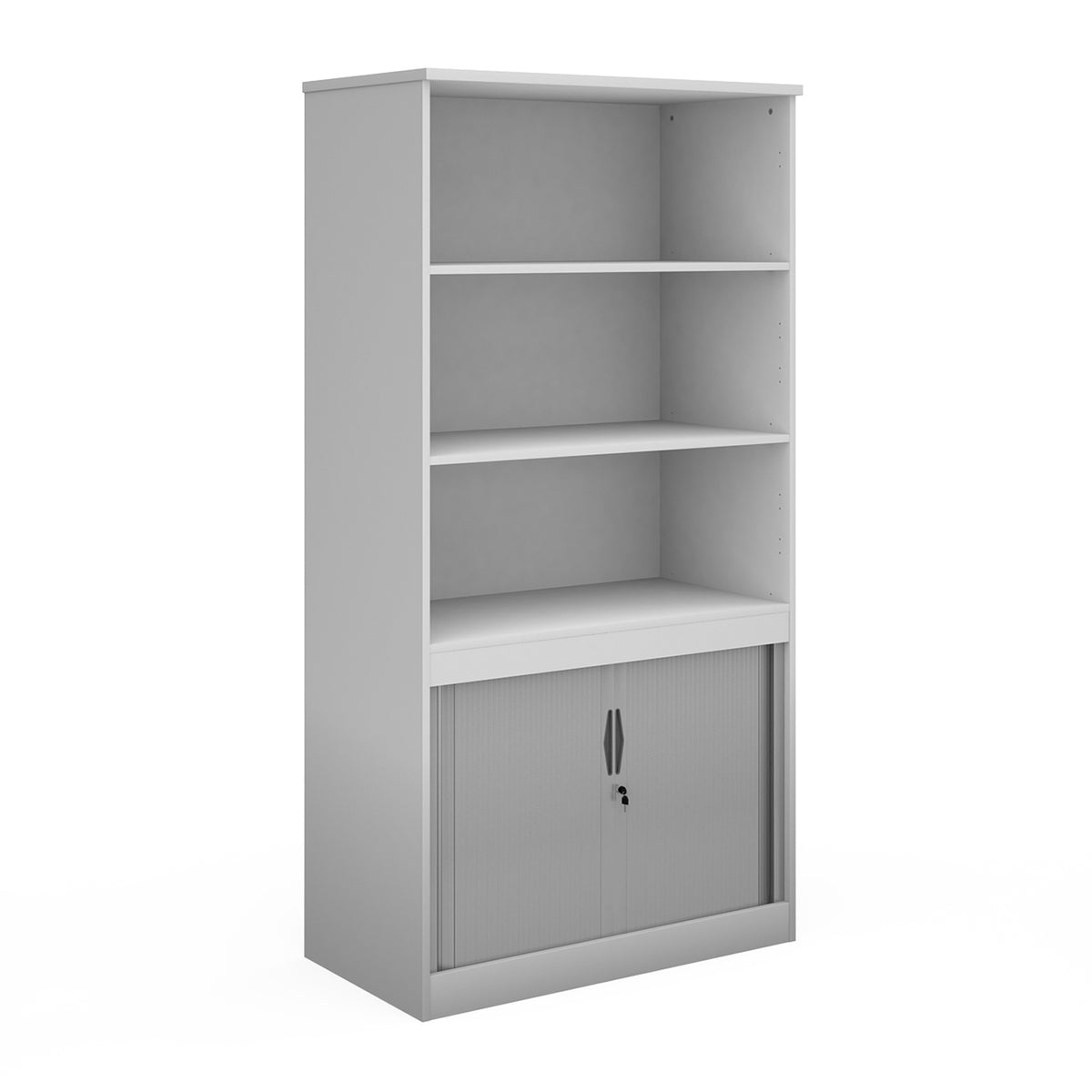 Systems combination unit with tambour doors and open top 2000mm high with 2 shelves - white - view 1