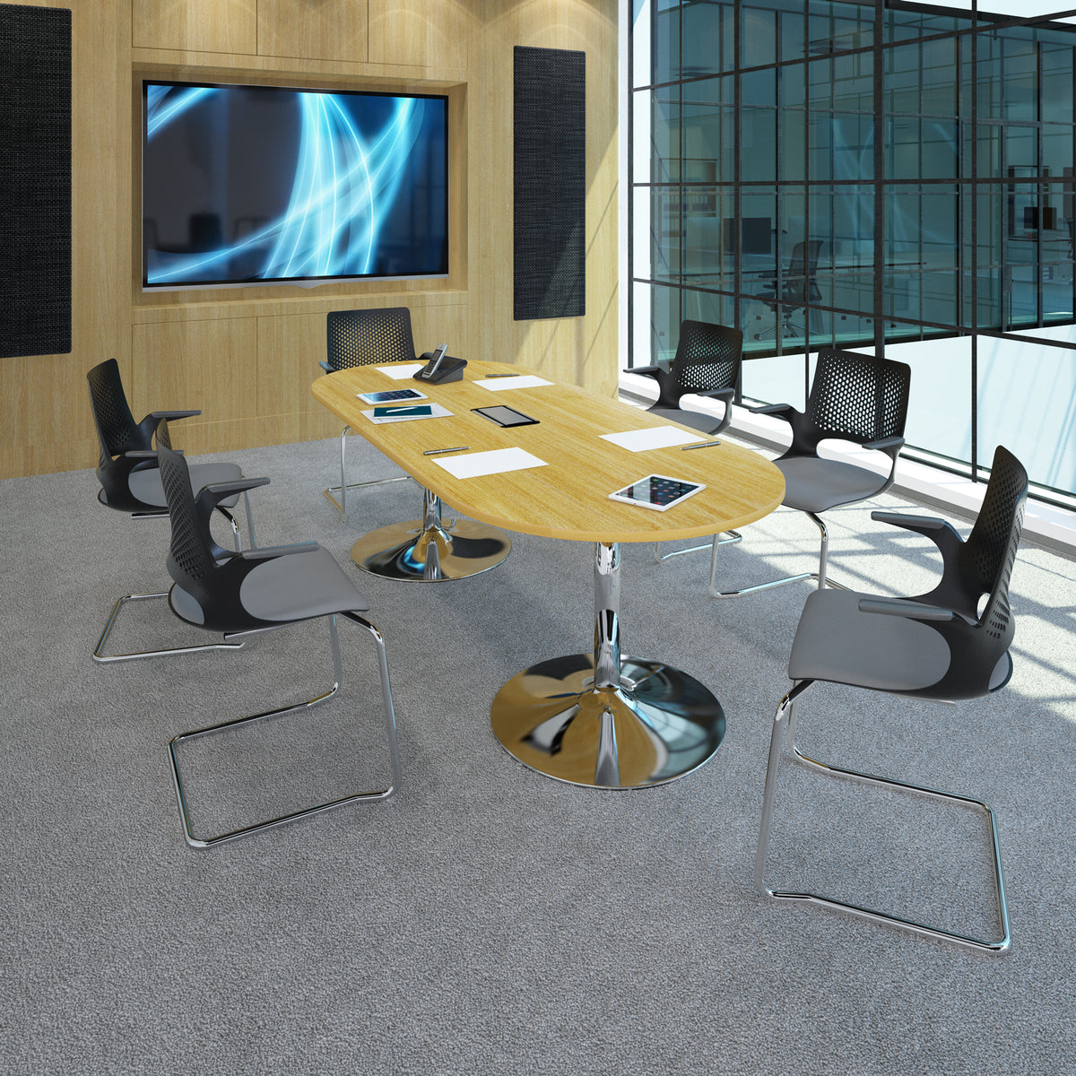 Trumpet base rectangular boardroom table 1800mm x 1000mm with central cutout 272mm x 132mm - chrome base, Beech top - view 5