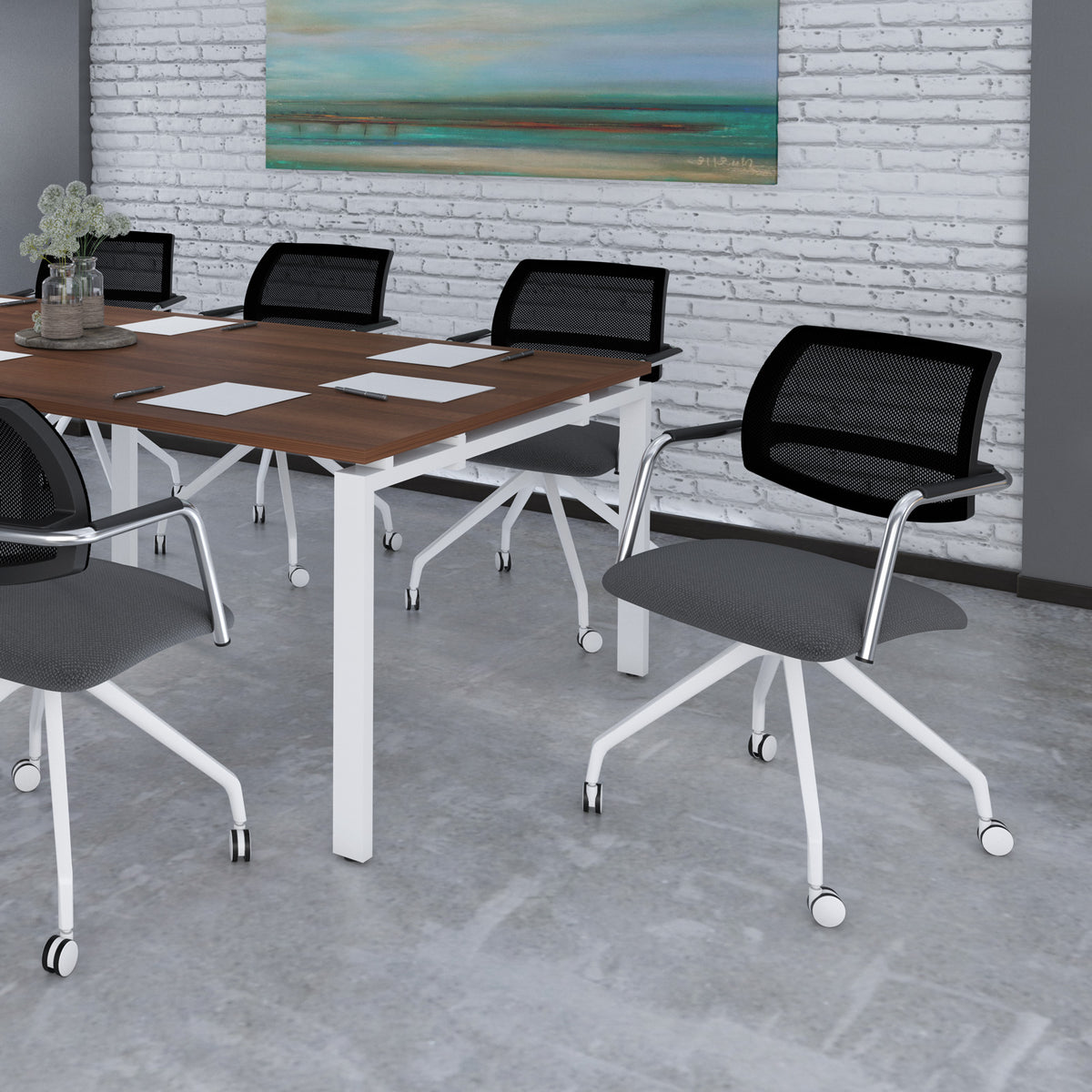 Tuba conference chair with half mesh back and black pyramid base with castors - made to order - view 4