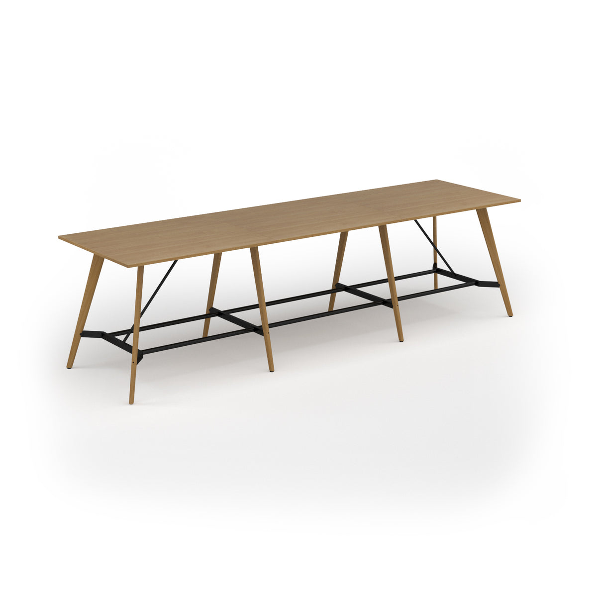 Unity poseur height worktable 4200w x 1200d with 4x solid oak legs, top in oak - view 1