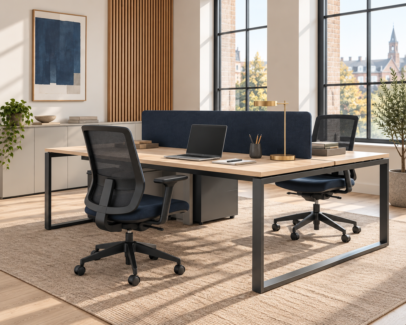 A light-filled office with coordinated desks and seating