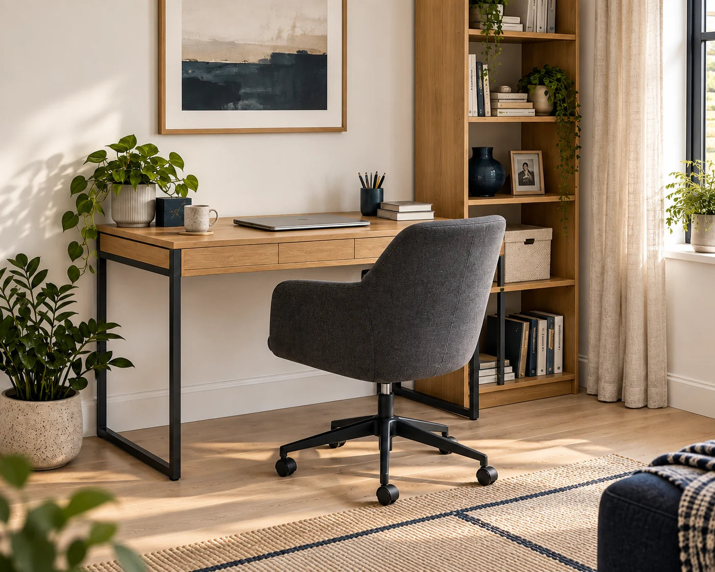 A desk and chair in a warm, light home office