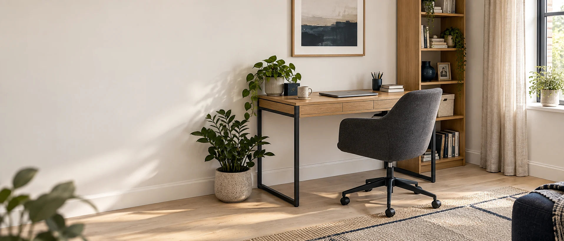 A calm home office with a desk and chair