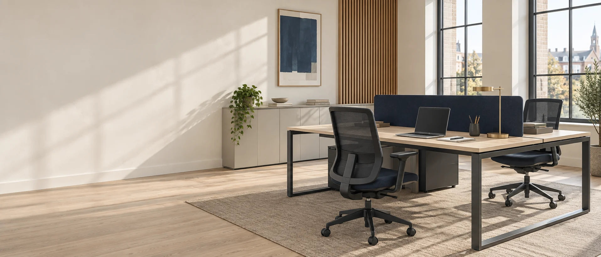 A bright office with oak desks, navy dividers and ergonomic mesh chairs